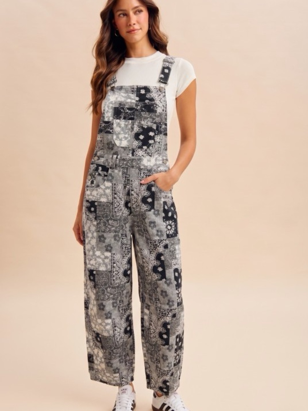 Patchwork Black & White Wide-Leg Jean Overalls